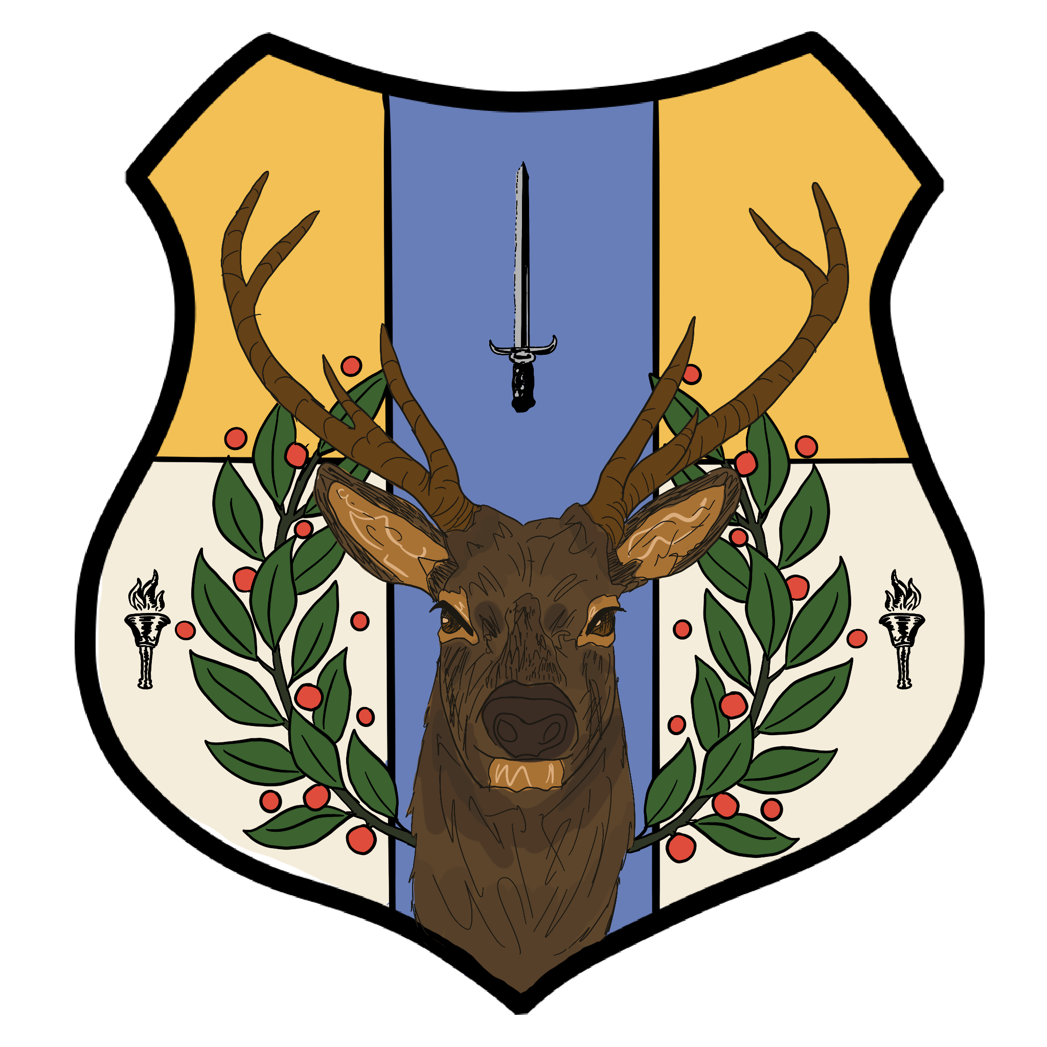 A shield-shaped family crest divided into three vertical sections. The center section is blue, with the sections on the sides being yellow on top and white on bottom. There is a sword pointing upwards in the center above the head of a deer. The deer is flanked on either side by laurel branches with orange berries and torches.