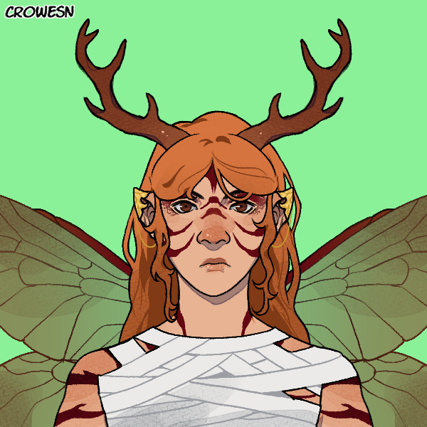 A portrait of a man with light skin, brown eyes, and an unamused expression. He has long orange hair, brown eyes, pointed ears with gold ear covers, large brown antlers, and red dragonfly-like wings. He is wearing white wraps all over his body, and red striped face paint.