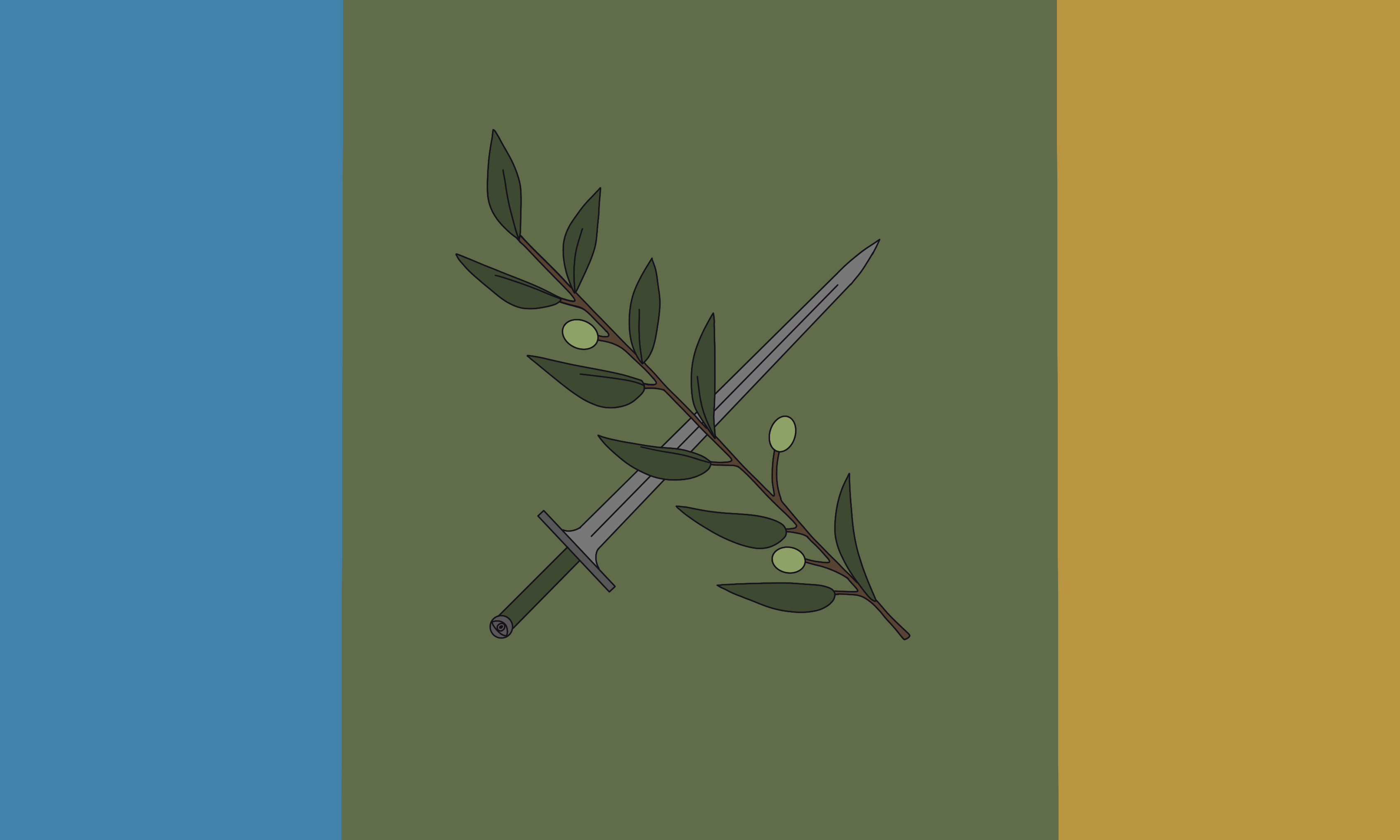 A green flag with a thin blue stripe on the left and a thin gold stripe on the right. In the center are an olive branch and a sword crossed over each other in an X shape.