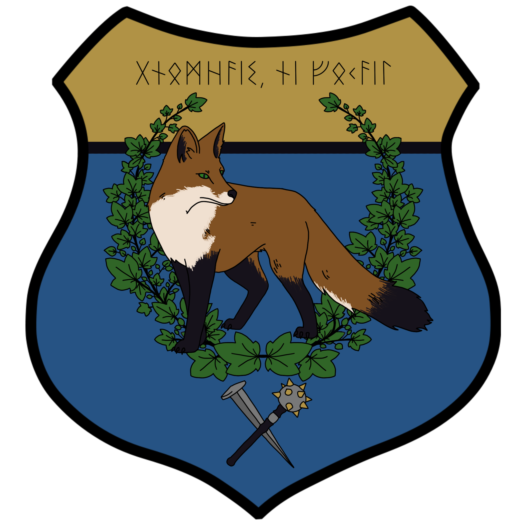 A blue shield-shaped family crest with a small yellow section at the top. At the top is a phrase written in runes. In the center is a fox, which is in front of a ring of ivy branches. Below the fox is a mace and a nail crossed over each other in an X shape.