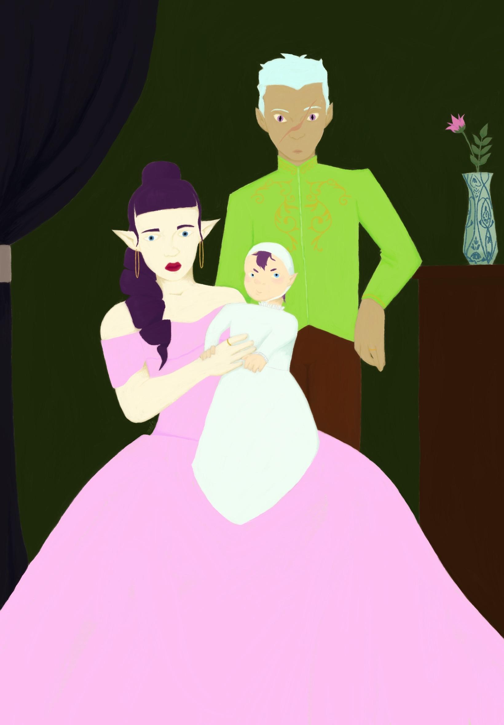 A painting of two adults and a baby in front of a dark green background. One adult, a man with light blue hair, brown skin, purple eyes, and a scar diagonally across his face, is standing. He's wearing a green shirt and brown pants. The other adult, a woman, is sitting and holding a baby with purple hair that is dressed in a white bonnet and matching gown. The woman has purple hair and gold hoop earrings, and is wearing a large pink ballgown. All three have pointed ears and neutral expressions.