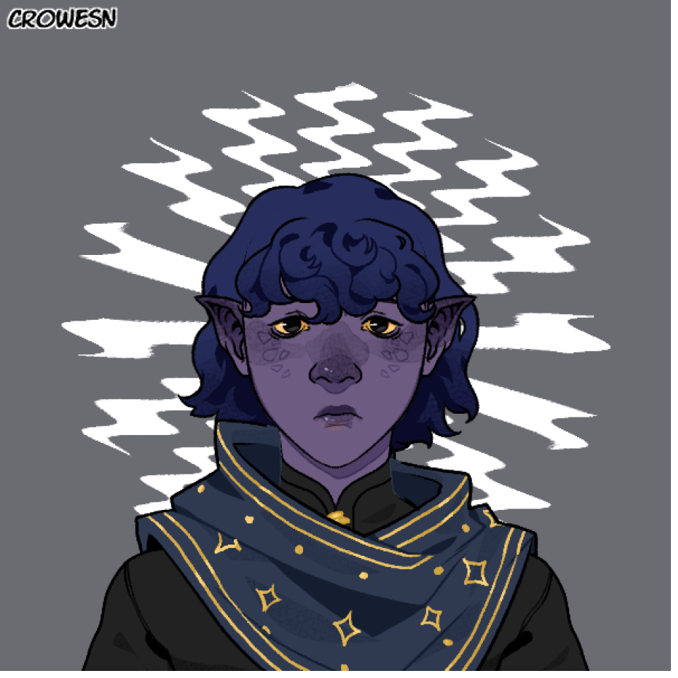 A portrait of a boy with dark purple skin, shoulder length navy blue hair, and scales on his cheeks. He has black eyes with yellow sclera, a wide nose, and pointed ears. He is wearing a black shirt with a tall collar and a blue and gold scarf. He looks confused.