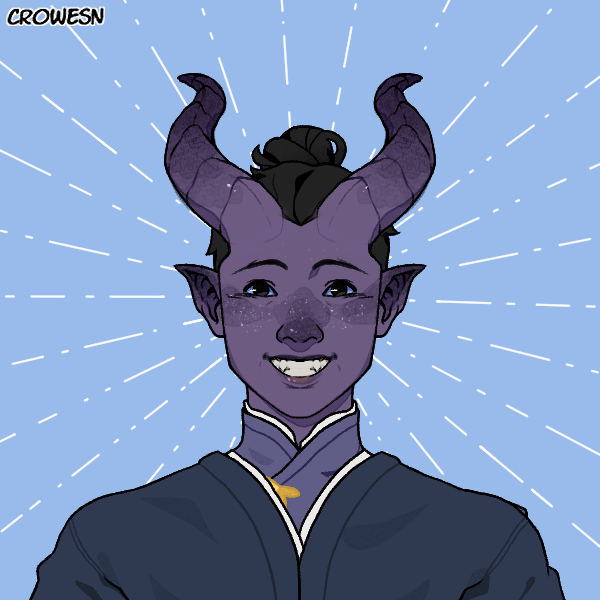 A portrait of a man with dark purple skin, large, s-shaped horns, and a large grin. His eyes are black with blue sclerad, and he has pointed ears and black hair pulled into a bun. He's wearing a light blue shirt with a high collar, and a blue coat over that.