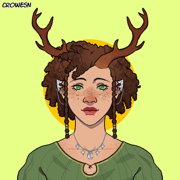 A portrait of a young woman with pale, freckled skin, brown antlers, and green eyes, who is smiling slightly. She has pointed ears with silver ear covers, and coiled brown hair, with braids framing her face. She's wearing a green blouse and a silver necklace with a silver crescent and four stars. The background is a pale green, and there's a yellow circle behind her head.