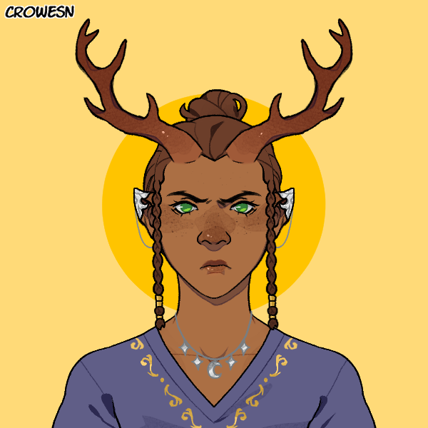 A portrait of a young woman with brown skin, brown antlers, and brown hair in a bun with two braids framing her face. She has an angry expression, and pointed ears with silver ear covers. She's wearing a necklace with a silver crescent and four stars, and a blue v-neck shirt with gold scrolling on the edge. The background is a pale yellow, and there's a yellow circle behind her head.