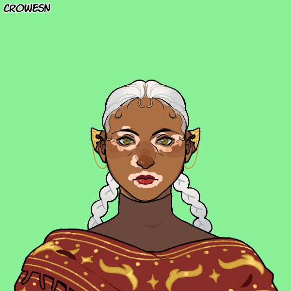 A portrait of an older woman with brown skin, hazel eyes, and vitiligo patches around her eyes, nose, and mouth, with a neutral expression. She has white hair in long braids, pointed ears with gold ear covers, and is wearing a brown turtleneck with a red and gold scarf.