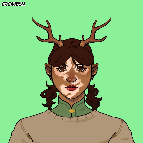 A portrait of a young woman with brown skin, green eyes, and vitiligo around her eyes, nose, and mouth. She is smiling, and has pointed ears and antlers. Her wavy brown hair is pulled back into pigtails. She is wearing three gold earrings on each ear, a high necked green shirt, and a light beige sweater