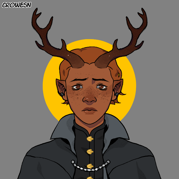 A portrait of a young man with brown skin, orange hair, brown eyes, and large antlers. He has a concerned expression. He has small pointed ears, and is wearing a black shirt with a high neck and a black cloak. There is a yellow circle behind his head.