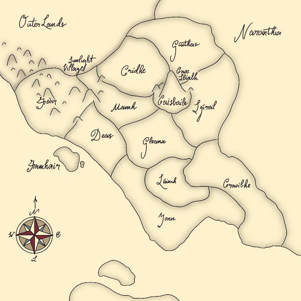 A map of a coastal country with some nearby islands on a cream colored background. It has five counties around the circular Caisbaile, labeled clockwise from the top as Giuthas, Sgíreil, Gleann, Uamh, and Cridhe. Below this are five more counties which are, from left to right, Feóir, Deas, Tonn, Láimh, and Craoibhe.