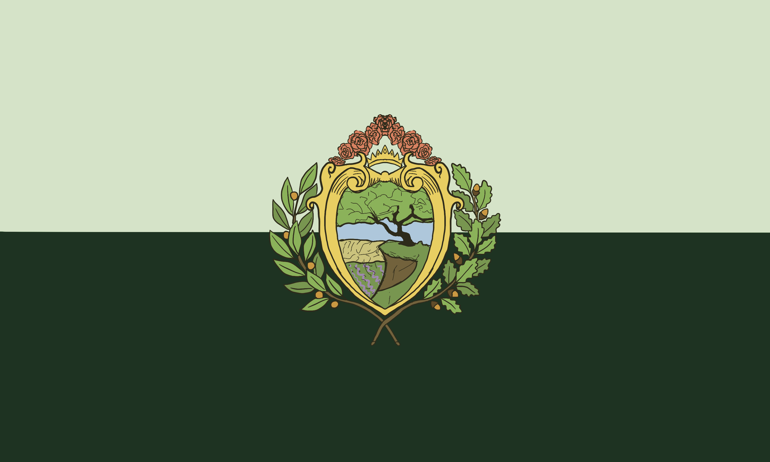 A two-toned flag, where the top is a light green, and the bottom is a dark green. In the center is a gold frame with a tree on a cliff depicted in it. At the top of the frame is a crown and a grouping of roses. On either side of the grame are a laurel branch and an olive branch.