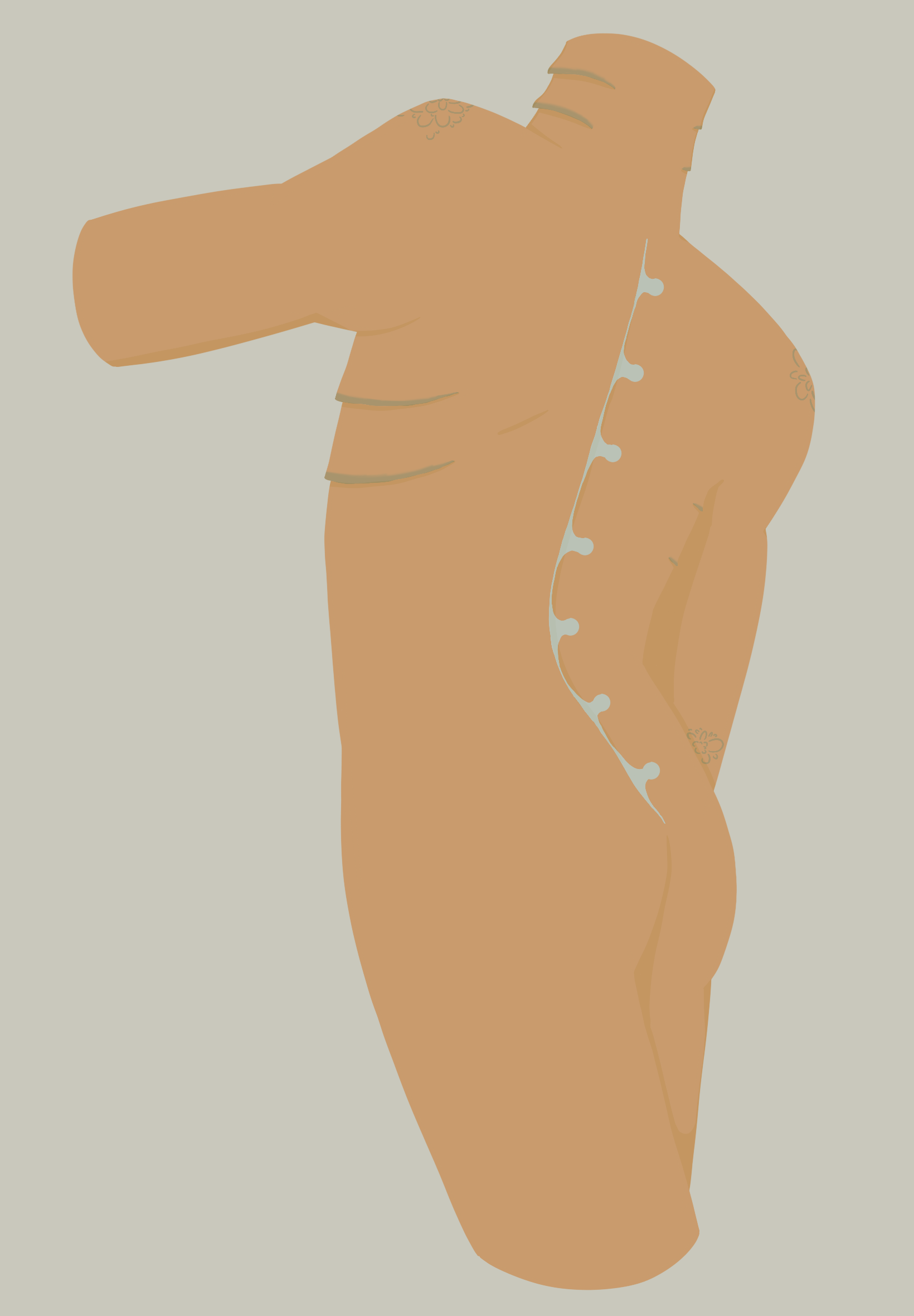 A drawing of a person's torso from the back. They have gils on their neck and ribs, and a line of light blue sensors, circles with wide bases, along their spine.