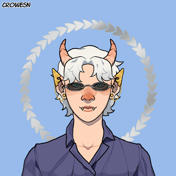 A portrait of a young man with albinism. He has long pointed ears with gold ear covers, light blue eyes, short white hair, small fangs, and short antlers. He's wearing oval-shaped silver sunglasses and a blue poet's shirt.