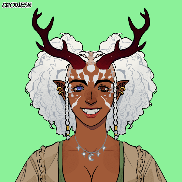 A portrait of a woman with brown skin and curly white hair, which is partially braided into two large pigtails. She is smiling slightly, with thick eyebrows, pointed ears, heterochromic eyes, and large dark brown antlers. She is wearing gold hoop earrings, a low cut green shirt, a brown sweater, and a silver necklace with a crescent moon and stars on it.